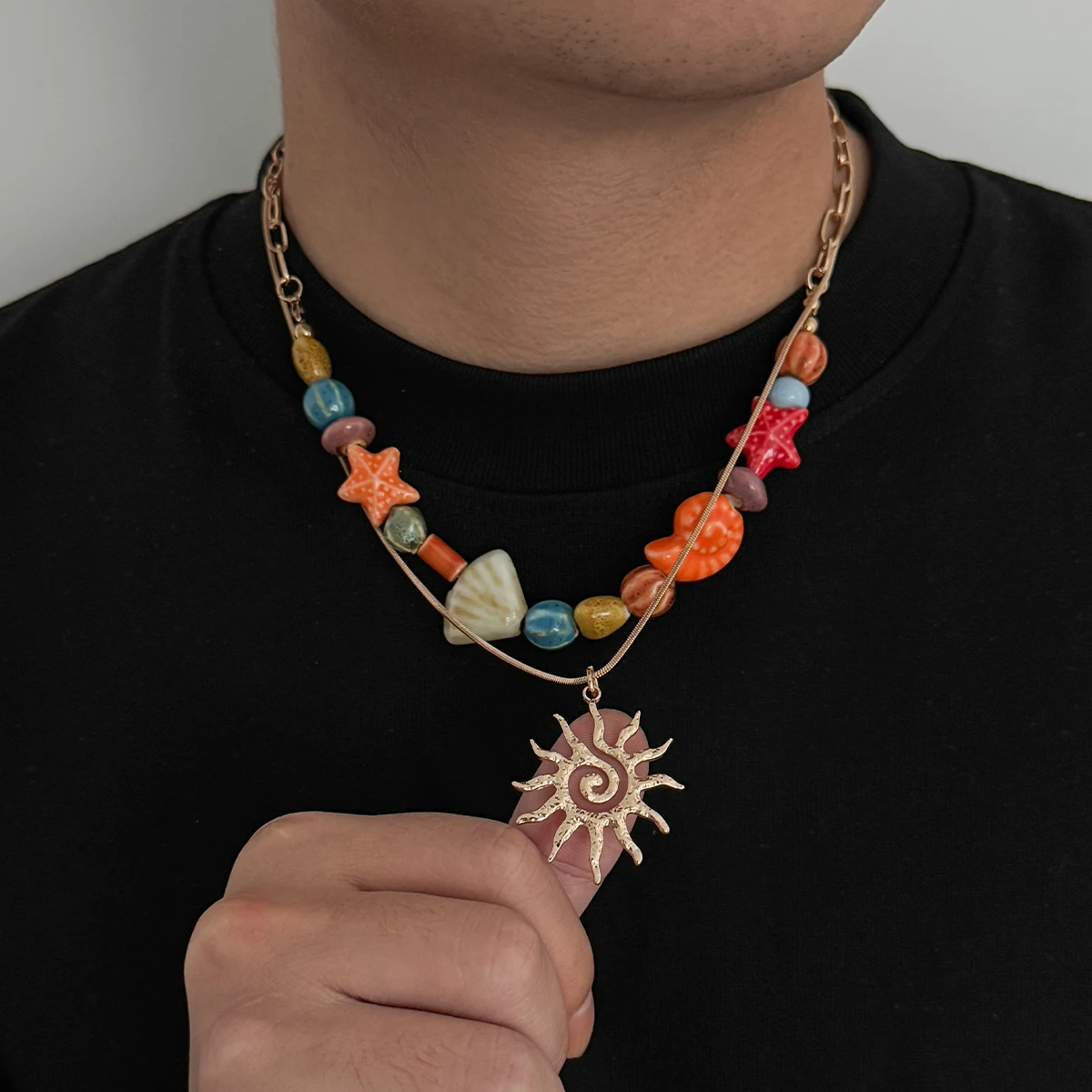 KunJoe Bohemain Sun Flower Multilayer Necklace Women Vintage Ethnic Handmade Ceramic Beaded Clavicle Chain Summer Beach Jewelry