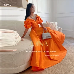 XPAY Sexy Off the Shoulder Orange Taffeta Evening Dresses Saudi Arabic Women Puff Short Sleeves Simple Party Prom Gowns Vestidos