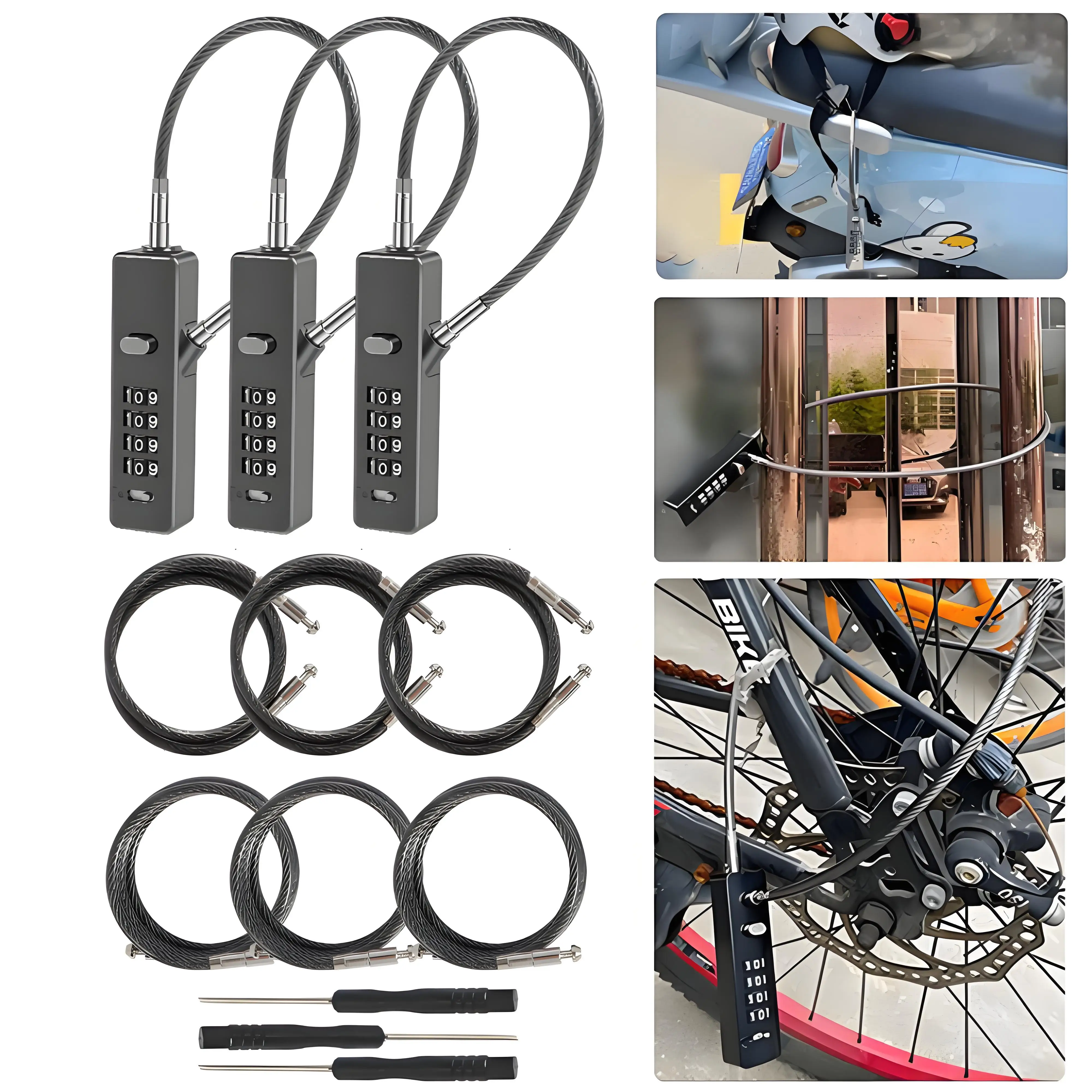 

3 шт., 4-значный замок с паролем из цинкового сплава, сбрасываемый кабель, цифровой замок с паролем и тросом, устойчивый к атмосферным воздействиям велосипедный замок для багажа