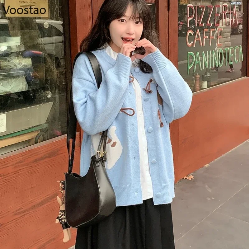 Blue Casual Cartoon Cat Jacquard Sweater Spring Autumn Women Sweet Knitted Cardigan Coat Japanese Vintage Loose Knitwear Tops