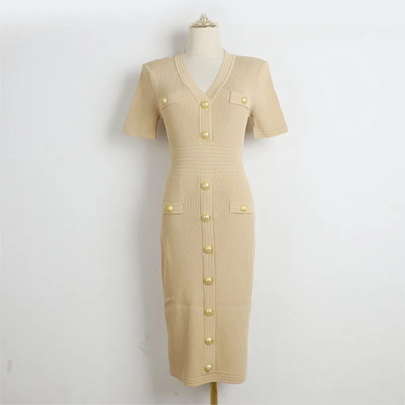 Gonna lunga in maglia a maniche corte 2025 Nuovo monopetto in metallo Elegante abito primavera estate Cerniera scollo a V Fahsion Abiti da donna