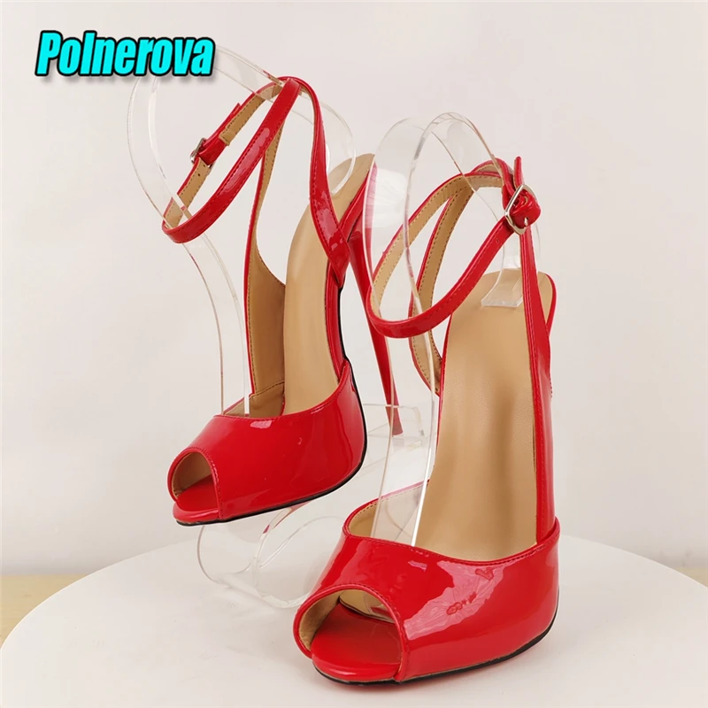 

Red Patent Leather Peep Toe Sandals for Women Ankle Buckle Strap 14Cm/16Cm Super High Heels Sexy Elegant Party Nightclub Shoes