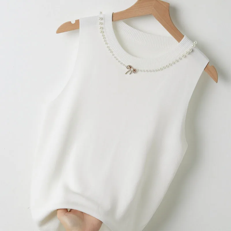 

Knitted Sweater Women Pullovers New Sleeveless Sweaters O-Neck Beading Bow Knit Sweater Pullover Women Tops Women Clothing Q3401