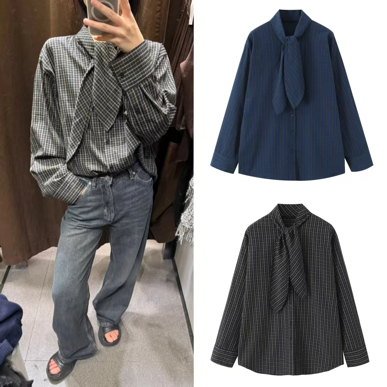 Женская рубашка, осень 2024, Новое поступление, темная клетчатая рубашка с длинными рукавами и украшением в виде шарфа, свободная посадка, повседневная мода, универсальная