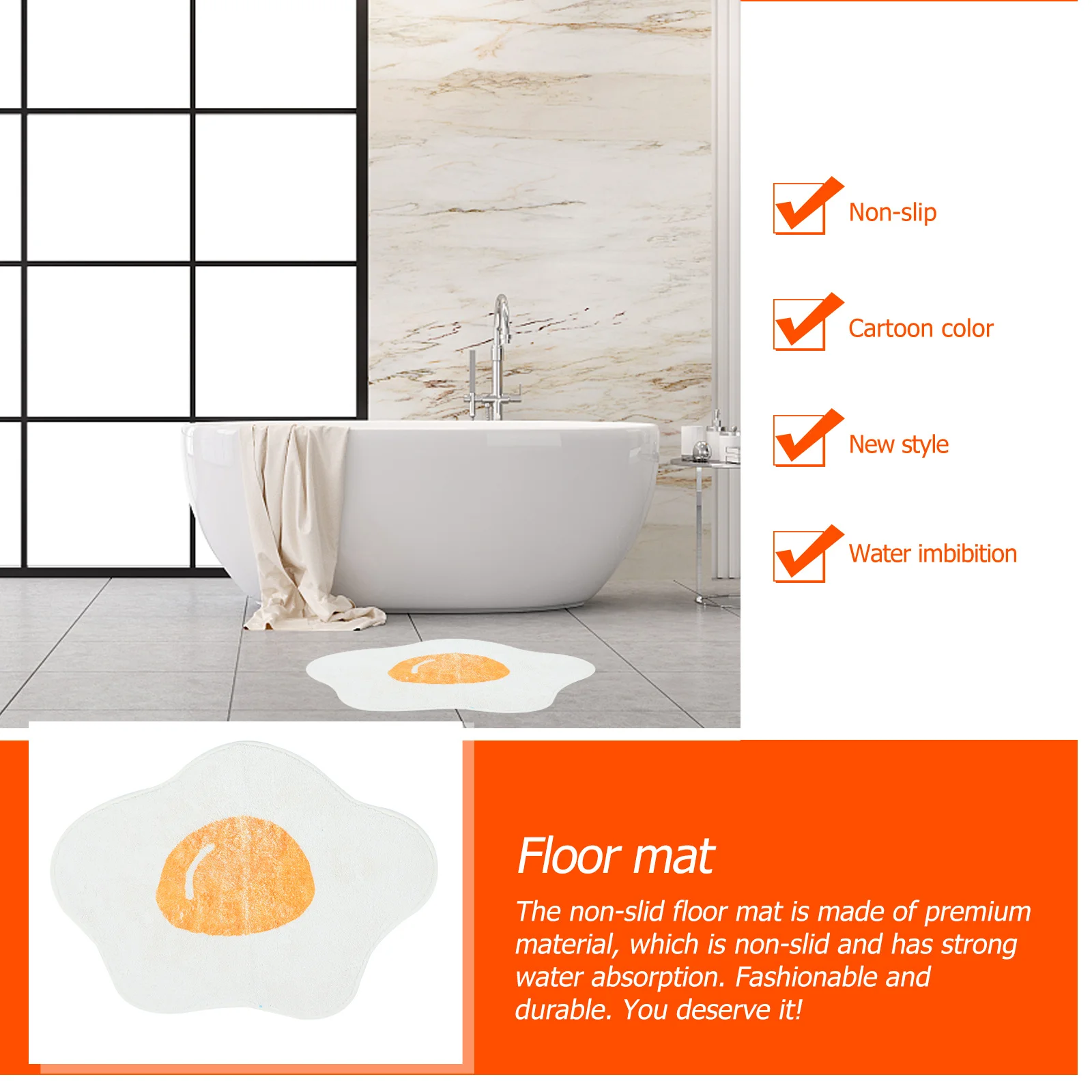 

Chic Cartoon Poached Egg Pattern Household Non-Slip Water Absorbent Floor Mat for Bathroom Bedroom Living Room Anti-Skid