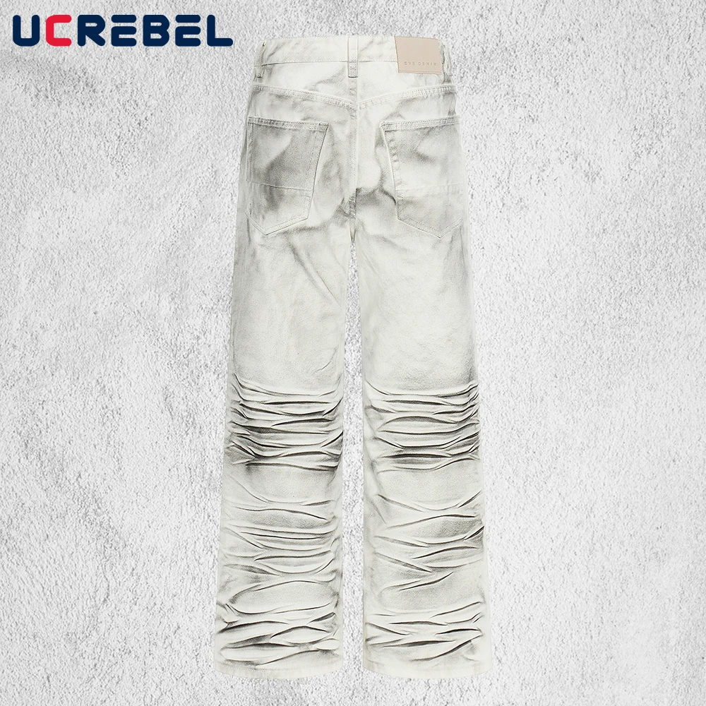 Dirty Distressed Jeans Mens Spliced Baggy Straight Loose Cut Casual Denim Pants Man