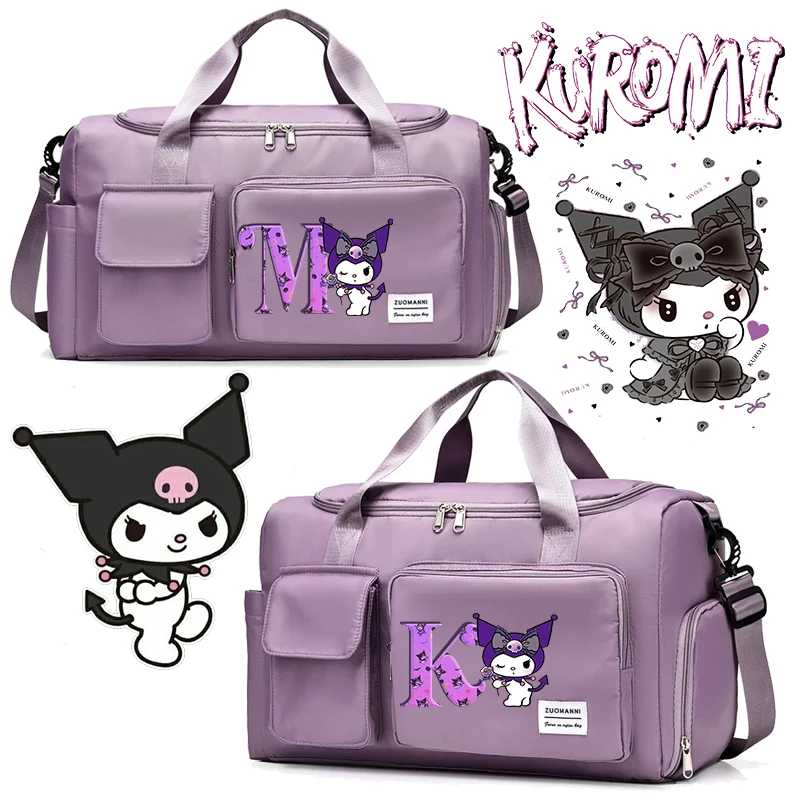 Kuromi Women Carry on Travel Bags Anime Sanrio Printed Letter Large Gym Duffle Bags with Shoe Compartment Sport Fitness Handbags