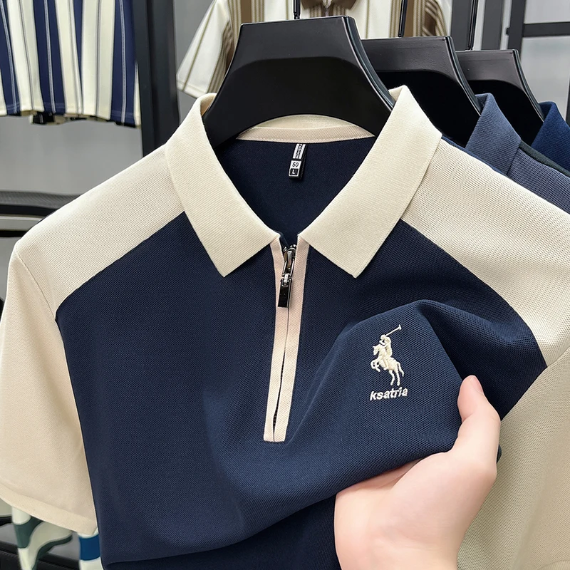 Summer New Men's Short Sleeved Polo Shirt, Lapel, Business Casual T-shirt, Embroidered Color Blocked Men's Shirt