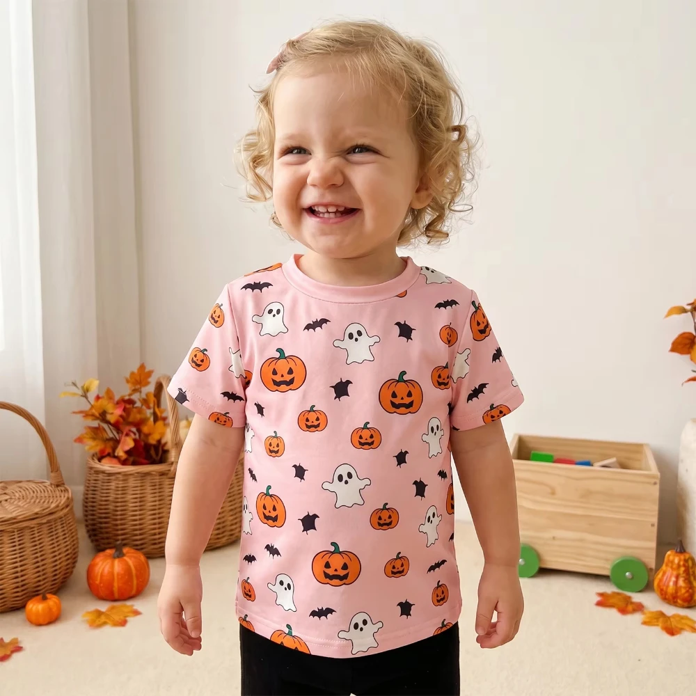 1-6 Jahre Kinder Jungen Mädchen Halloween T-Shirts Modische Kurzarm-Rundhals-Tops mit Cartoon-Print Kleinkind T-Shirts – Detail 2