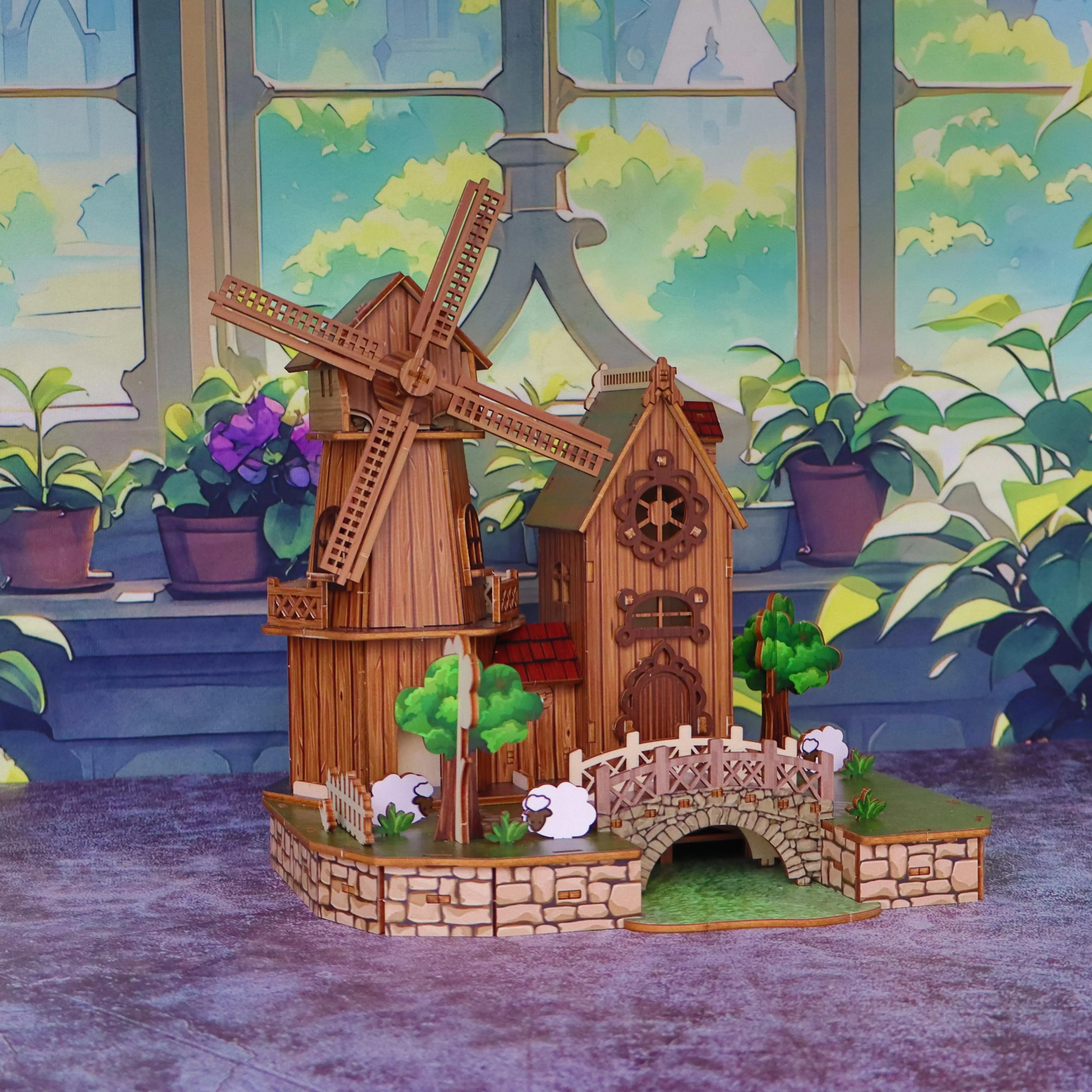Parque de moinho de vento de quebra-cabeça de madeira 3D, modelo de cena de simulação de estilo pastoral, brinquedo de montagem DIY feito à mão, interação de lazer pai-filho