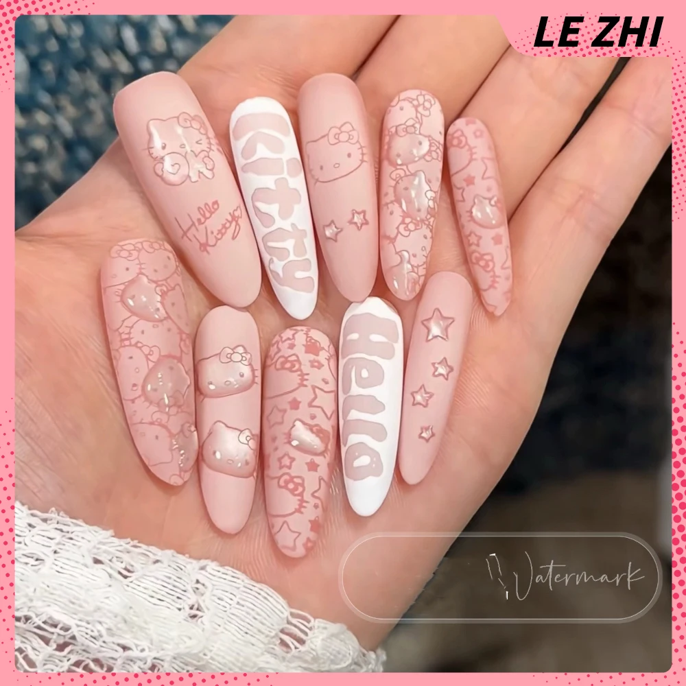 10Pcs Stiker Kuku Panjang Stiletto Buatan Tangan Motif Kartun Hello Kitty Pink, Cherry Pearl Cream Bowknot French Press On Nail