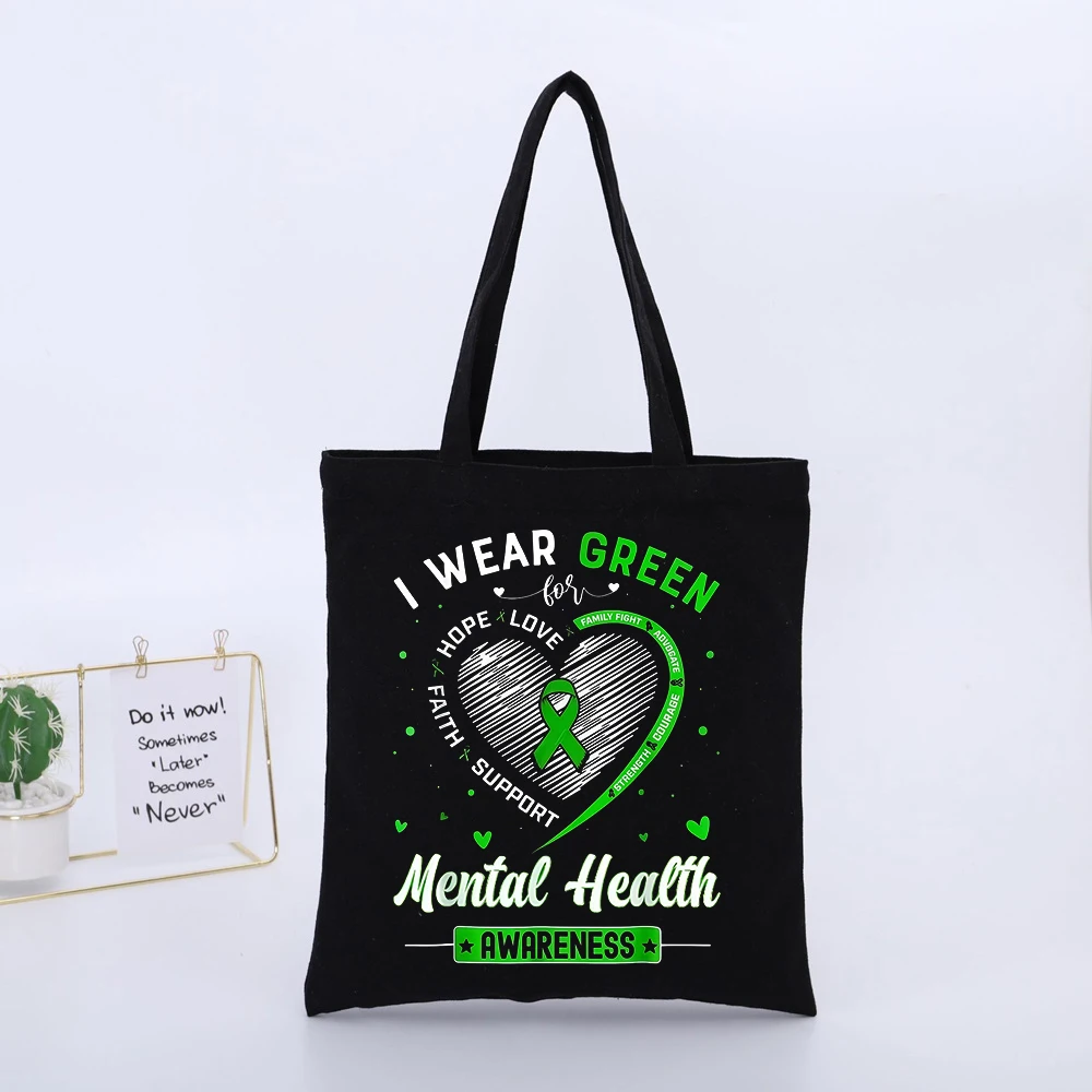 Mental Health Awareness Green Ribbon Canvas Tote Bag with Typography Print, Casual Style for Daily Use and Awareness Events