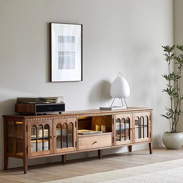 

Black walnut TV cabinet All solid wood small apartment Nordic simple Japanese glass display locker with light