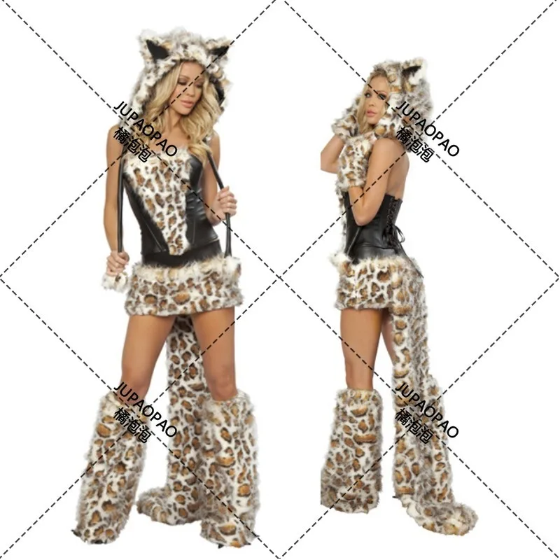 Cosplay Halloween party abbigliamento stampa leopardata con coda grande lupo tuta da gioco cat girl gioco di ruolo uniforme europea e americana