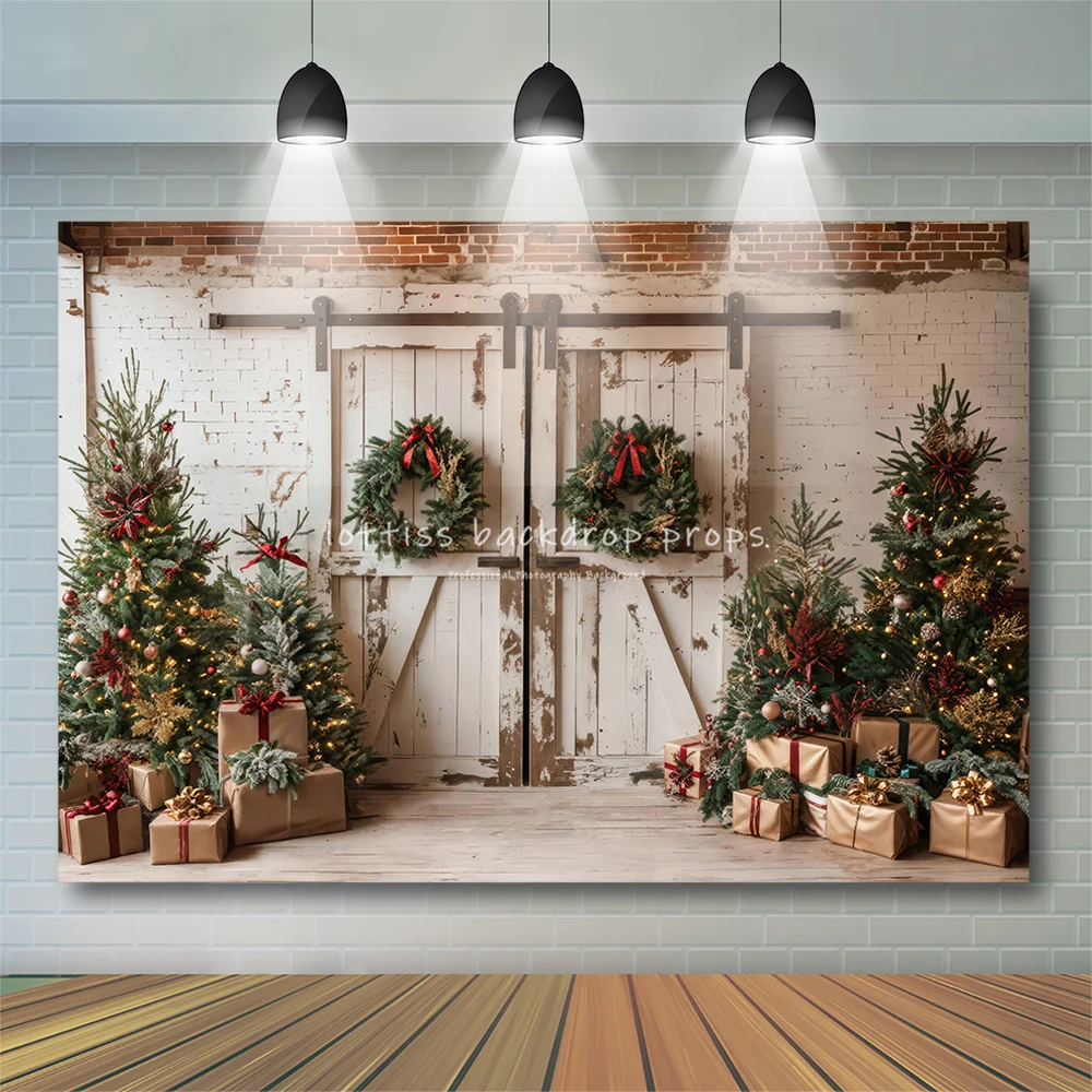 Christmas White Wooden Barn Door Backdrops Kids Family Photography Child Adult Photocall Decors Xmas Trees Brick Wall Background