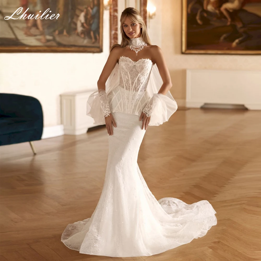 Lhuilier Customized Strapless Mermaid Lace Wedding Dresses Illusion Bridal Gowns with Removable Lace Jacket