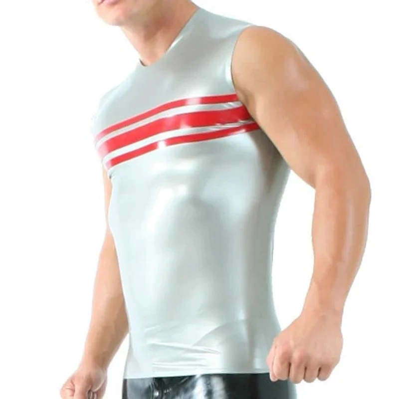 

Sexy Latex Shirt Silver with Red Vest Tank Top for Men Wear Handmade