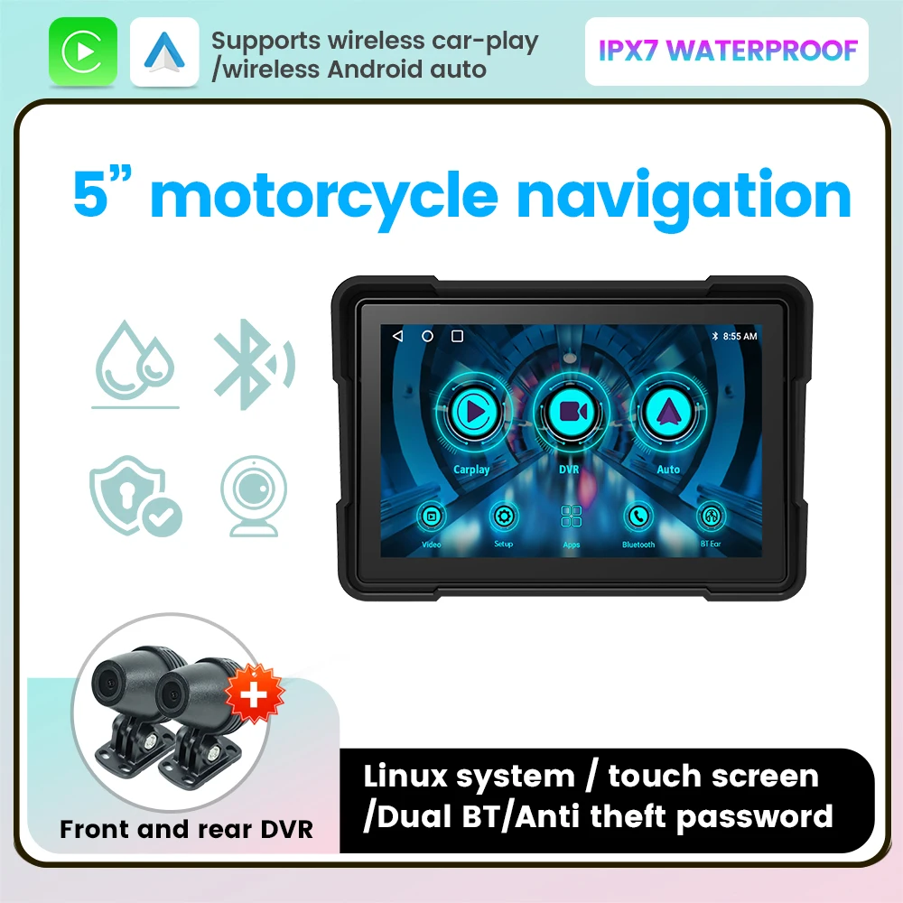 5inch Portable Motorcycle GPS Navigation Wireless CarPlay Android Auto Player IPX7 Waterproof Dual BT Front Rear Camera Recorder