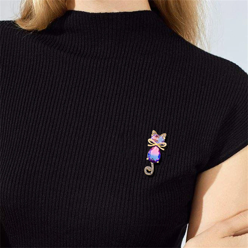 New Trendy Cute Bow Cat Brooches For Women Clothing Buckle Accessories Rhinestone Lovely Cat Animal Brooch Jewelry Gifts