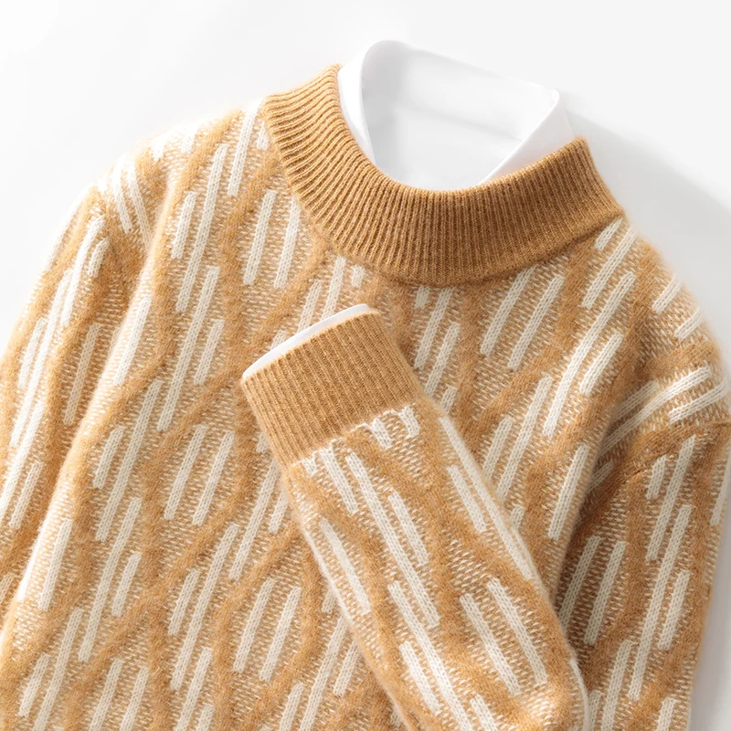 100% lana merino moda base collo a lupetto maglione color block maniche lunghe pullover allentato cashmere morbido caldo abbigliamento da uomo Top