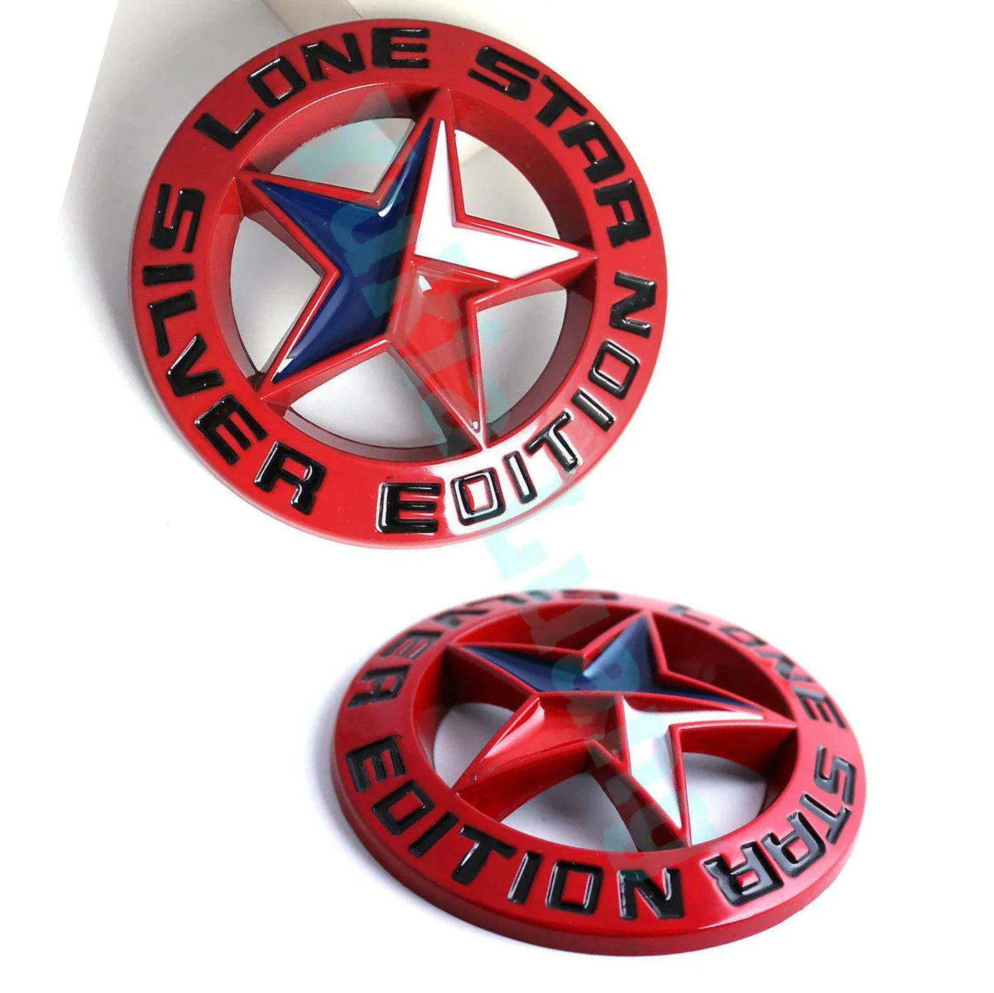 

2 Pieces Metal Alloy Badge Universal Red LONE STAR SILVER EDITION Texas Emblem