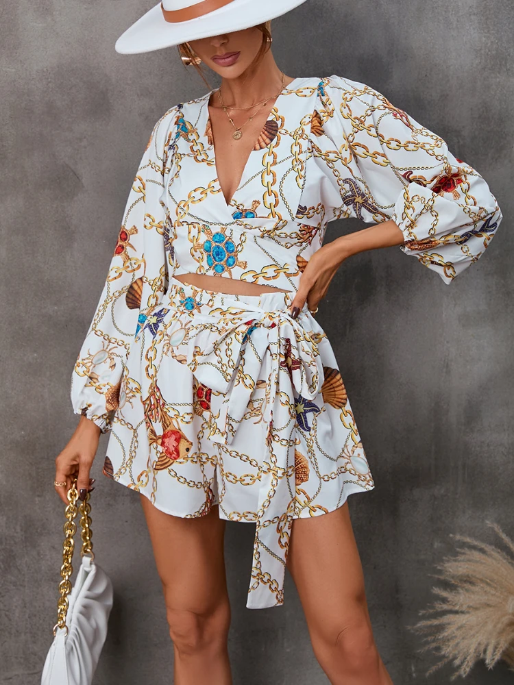 

Длинная юбка с принтом, темпераментные шорты с длинными рукавами и цветочным принтом, элегантный комбинезон с v-образным вырезом, 2021, европейско-американская летняя женская одежда
