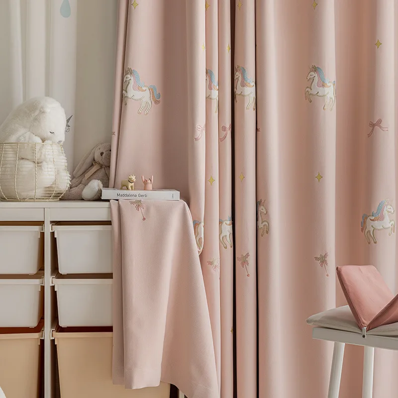 Cotton and Linen Blackout Pink Embroidered Children's Room Cartoon Curtain Cloth for Boys and Girls Bedroom Bay Window Screen