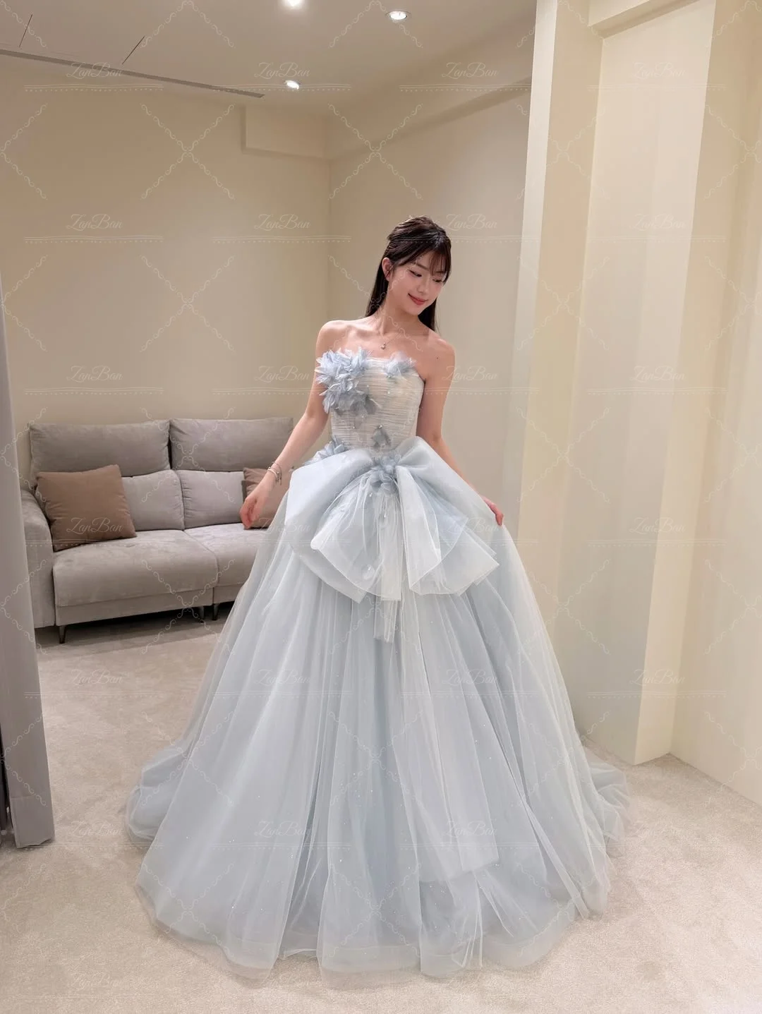 ZanBan Elegant Light Blue A-Line Wedding Party Dresses Flowers Evening Dress Korea Photo Shoot Bridal Reception Gown Customized