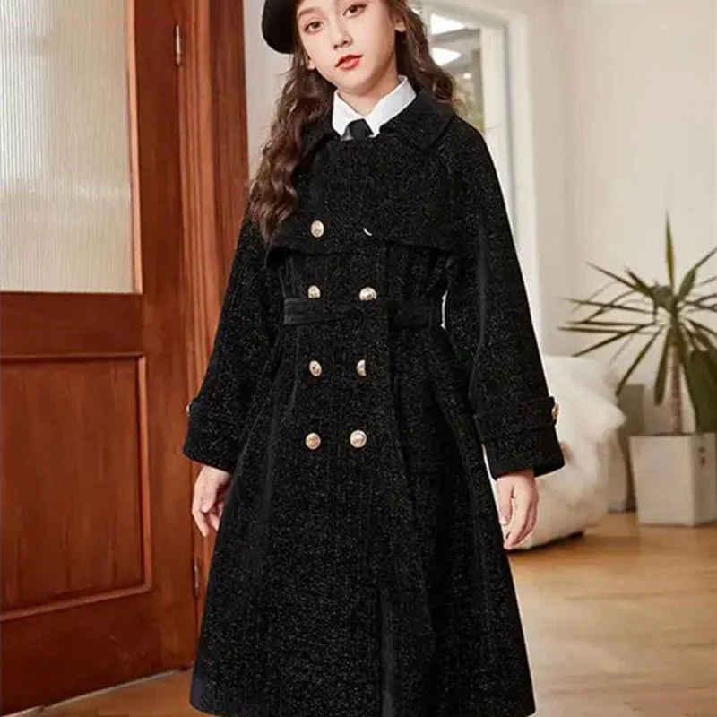 Girls Kids Woolen Coat Jacket Overcoat 2023 Black Warm Thicken Winter Cotton Plus  Size Children\'s Clothing