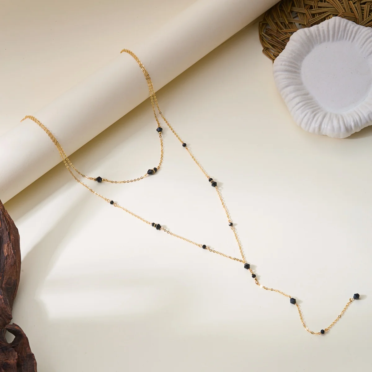Simple Colorful Crystal Beads Long Chain Tassel Y-Shaped Necklace For Women Men Dainty Double Layer Texture Metal Choker Jewelry