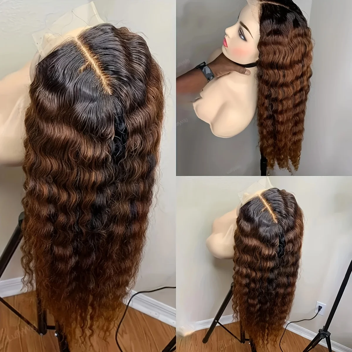 Morbida 26 pollici lunga 180 densità Ombre marrone riccio crespo parrucca anteriore in pizzo profondo per le donne Babyhair Glueless prepizzicato sintetico quotidiano