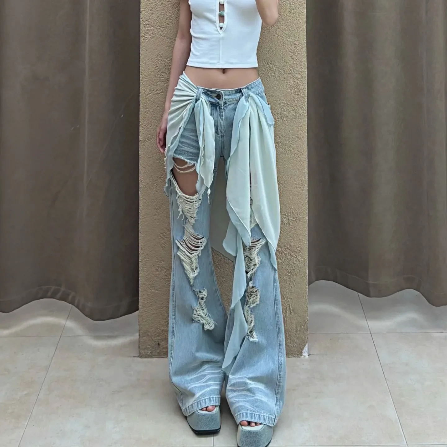 

Original Design Distressed Jeans for Women, 2025 Autumn Street Style Loose Slimming Straight Wide-Leg Floor-Length Pants Ladies