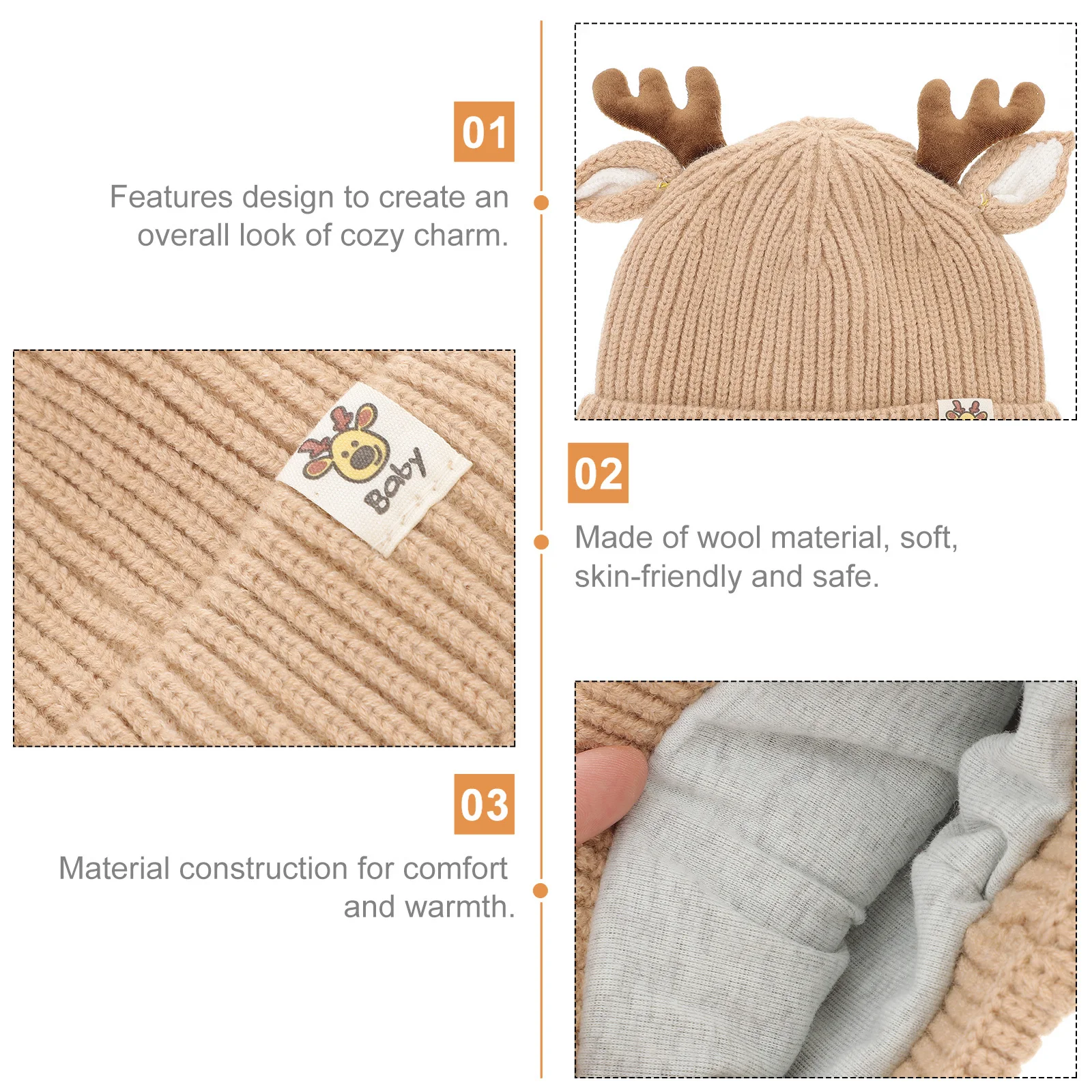 

Children Knit Hat Khaki Thickened Baby Winter Warm Cap Elk Antler Design Suitable for 3-24 Months Kids Warm Knit Hat