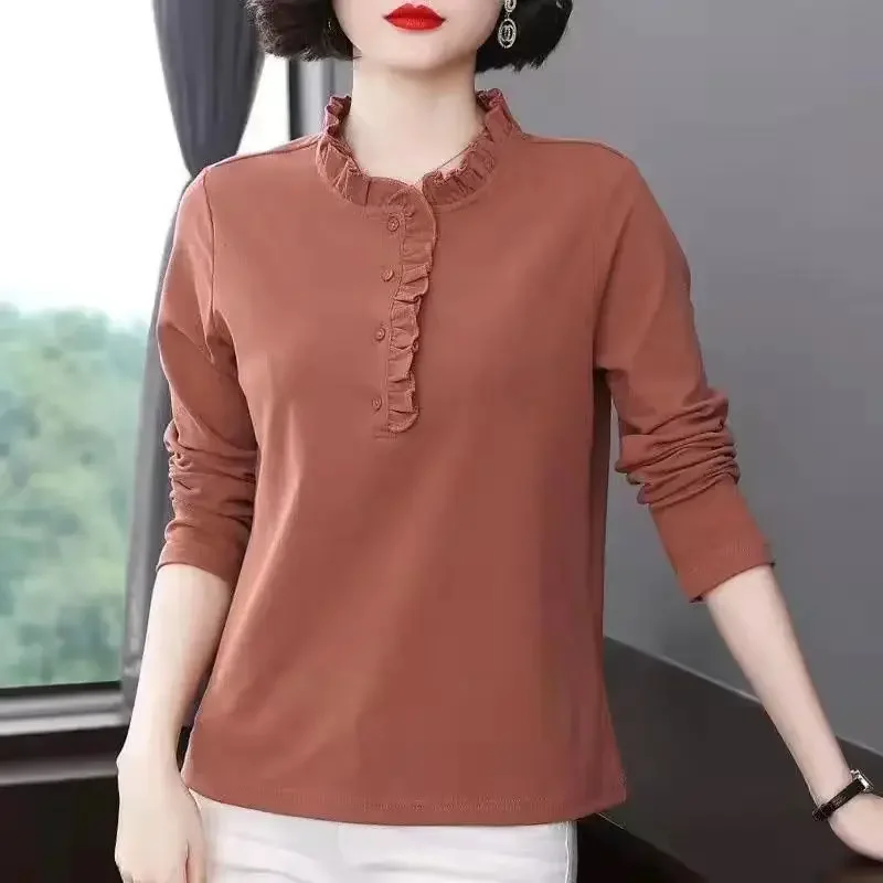 

Women Clothing 2024 Ruffled Simplicity Button Pullovers Solid Color Casual Elegant T-Shirts Autumn Winter Thin Korean Tops LU417