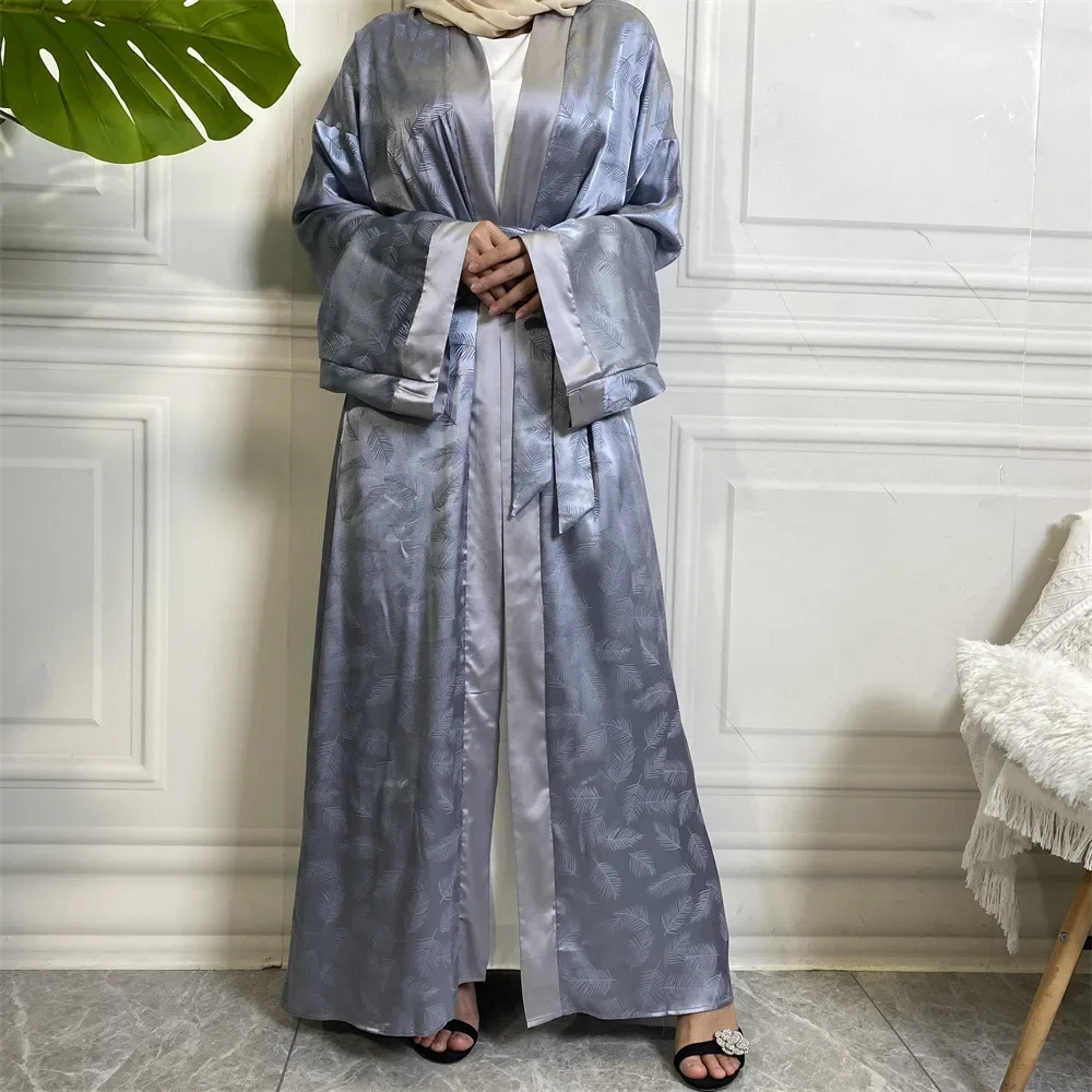 두바이 새틴 여성 이슬람 오픈 abayas 기모노 맥시 드레스 터키 아랍 가운 kaftan 이슬람 의류 eid 라마단 jalabiya caftan
