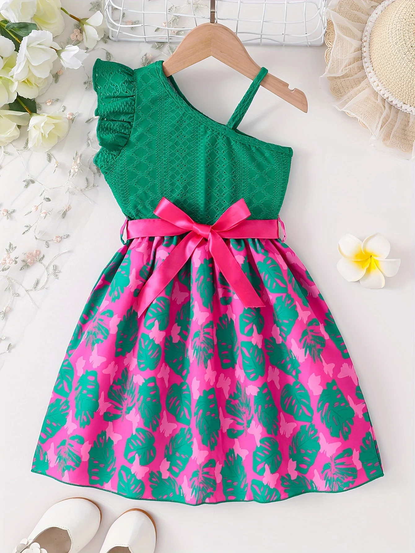 4-7 Years Old Summer Girls Skirt Bow Retro Off-The-Shoulder Halter Asymmetric girls Dress + Belt Summer Dress