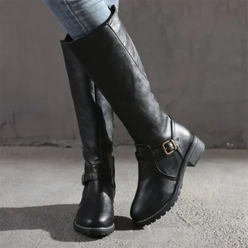 Women Leather Knee High Boots Women\'s Buckle Long Knight Boots Female Combat Boots Women Low Heels Shoes Plus Size 43