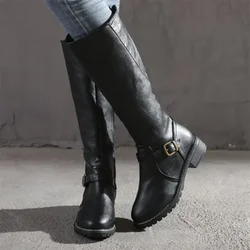 Women Leather Knee High Boots Women's Buckle Long Knight Boots Female Combat Boots Women Low Heels Shoes Plus Size 43