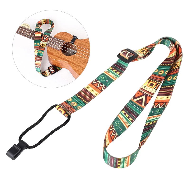 Ethnic Style Ukulele Strap Durable Adjustable Printing Ribbon Plastic Hook Clip-on Hawaii Guitar Belt Instrument Accessories