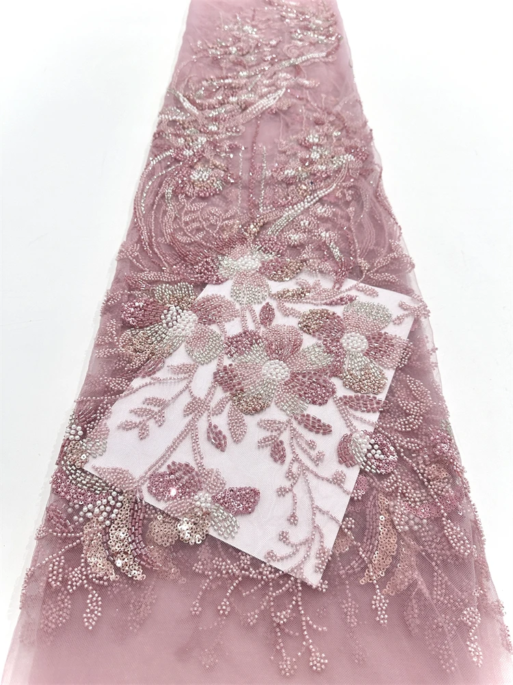 

African Heavy Beaded Lace Fabric Nigerian Sequins Groom Lace Fabric Wedding Party Dress Sewing High Quality 5 Yards 2025