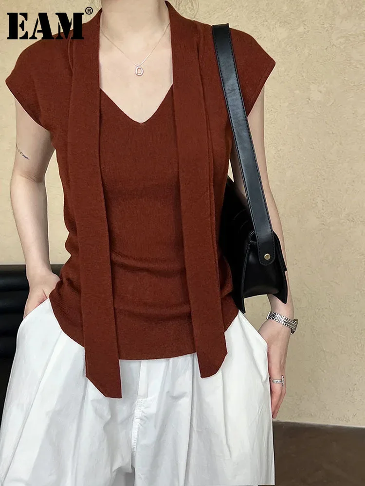 [EAM] Beige Black Elegant Knitting Sweater V-Neck Short Sleeve Women Pullovers New Fashion Tide Spring Summer 2024 1DH6837