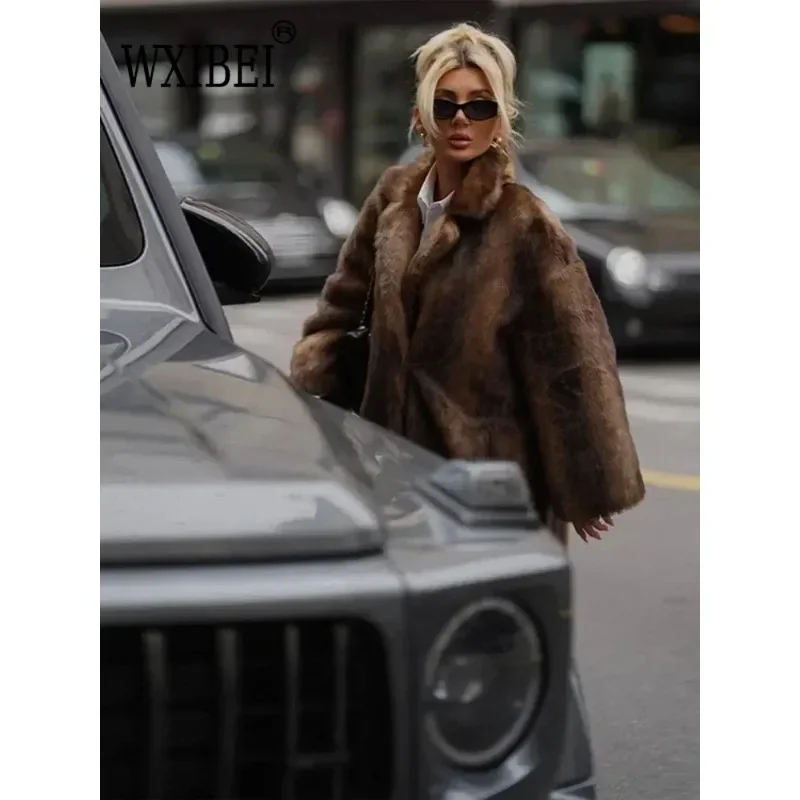 Women's Dark Brown Faux Fur Long Overcoat Single Breasted Fleece Long Trench Coat Winter Fluffy Plush Warm New Thicken Outerwear