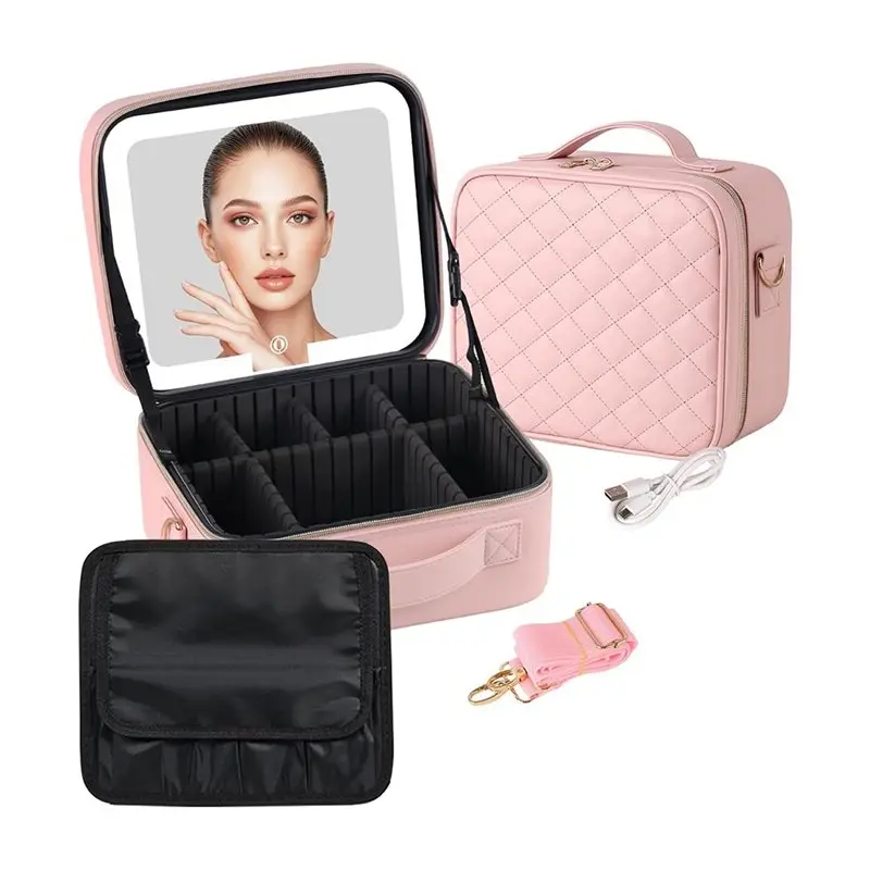 

B08B-косметичка со светодиодной подсветкой, 10-дюймовая портативная дорожная косметичка-органайзер с регулируемой системой внутреннего разделителя