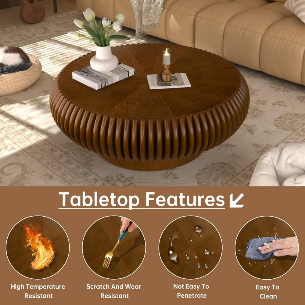 모던 플루티드 드럼 커피 테이블, 지름 31.4인치, 월넛 마감, 거실용
