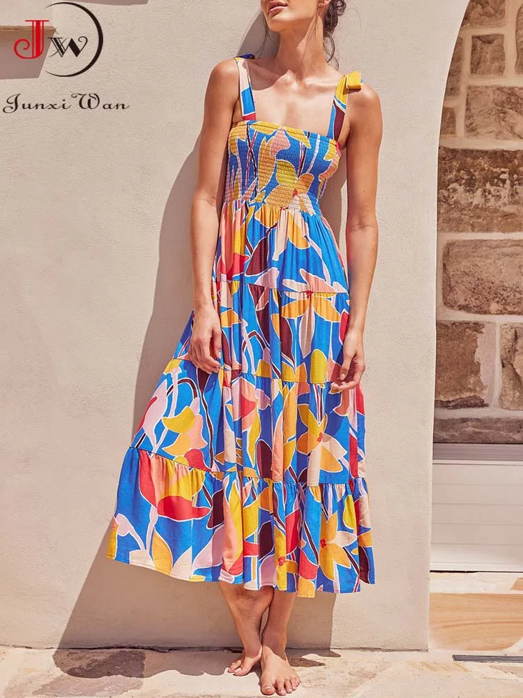 

Elegant Vintage Floral Print Long Dress Women Summer Casual Strap Bohemian Beach Party Dresses