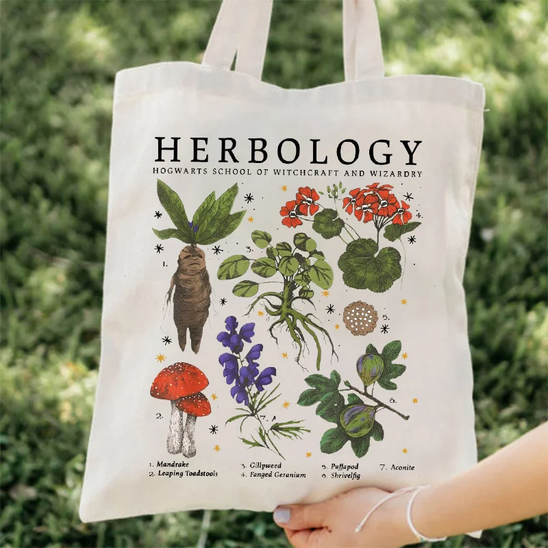 1Pc Herbology Plant Pattern Canvas Bag Shoulder Bag Botanical Travel Bag Plant Lover Bag Gardening Tote Bag Gift For Plant Lover