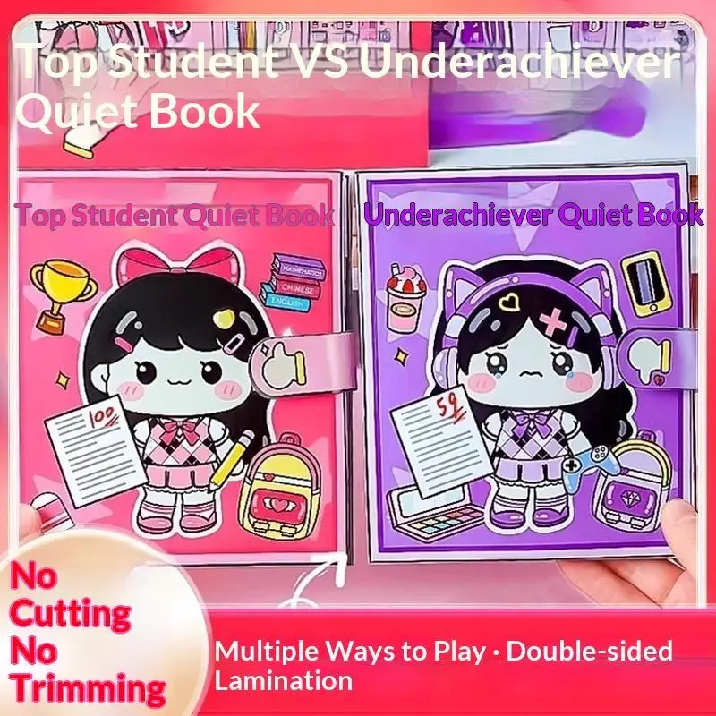 Kawaii School Theme Quiet Book Waterproof Reusable No Cut Design Free Tool Kit for Boys Girls Age 2-6 Early Learning Play
