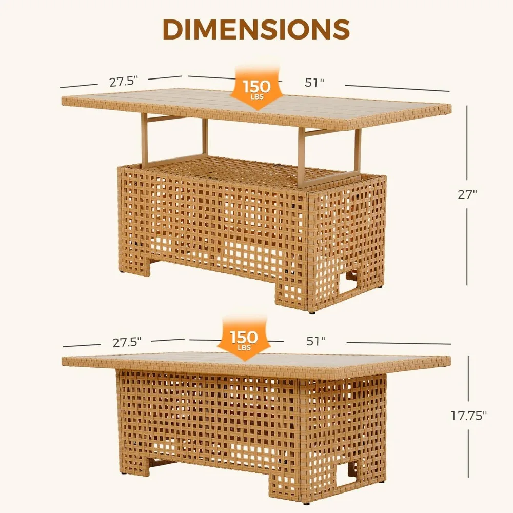 Outdoor & Indoor Coffee Dining Table -Wicker Rattan, Adjustable Slat Lift Top, Picnic, Storage Shelf - Beige