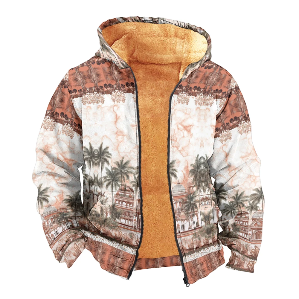 Large Size Men's Short Zipper Hooded Winter Warm Fleece Jacket,Unique Coastal Castle Coconut Trees Print Hoodie Fashion Jacket