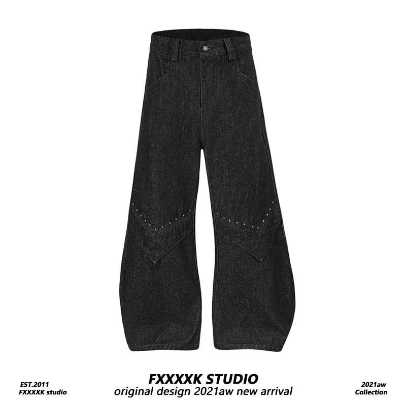

Original FXK American High Street Wide Leg Jeans Rivet Design Sensation Aby Wind Knife Pants Floor-Length Trousers
